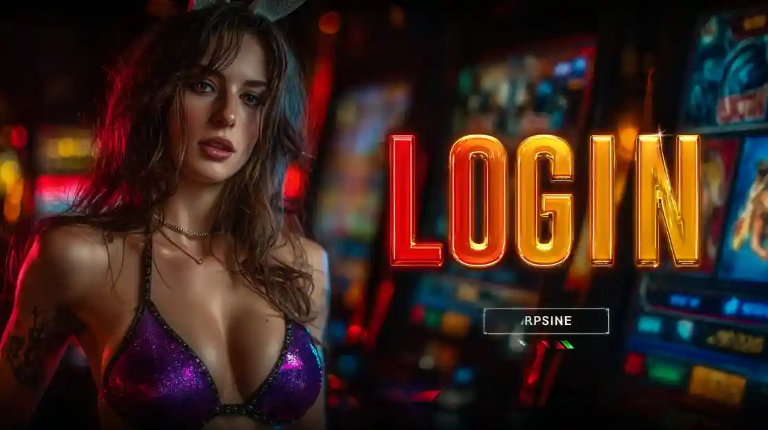 A captivating woman in a shimmering top stands beside a prominent LOGIN interface, with 1777bd slot machines softly blurred in the background, inviting users to enter the world of 1777bd.
