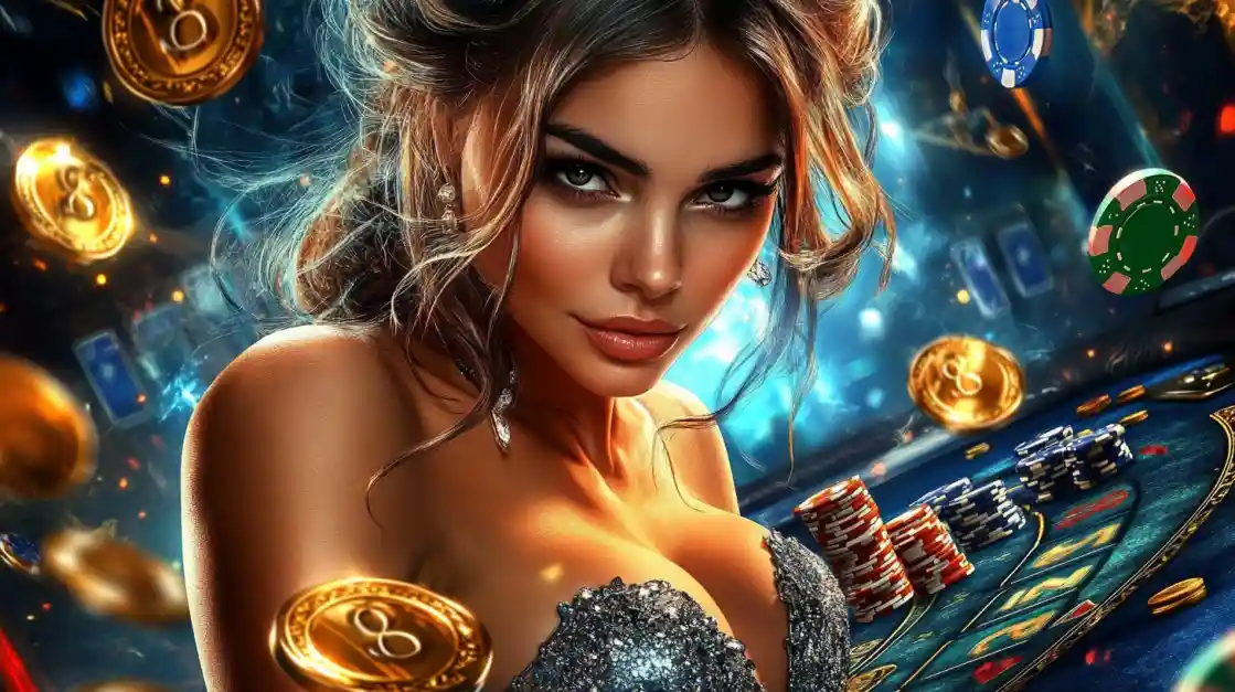 A beautiful woman in a glittering dress gives a captivating look while at a 1777bd casino table, surrounded by floating gold coins, casino chips, and a roulette wheel.