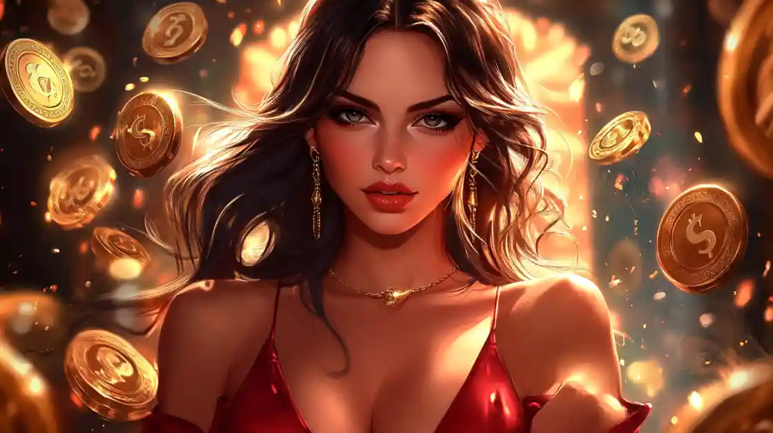 A stunning woman in a red dress, adorned with delicate jewelry, looks directly at the viewer as a shower of golden 1777bd coins rains down around her, symbolizing big wins.