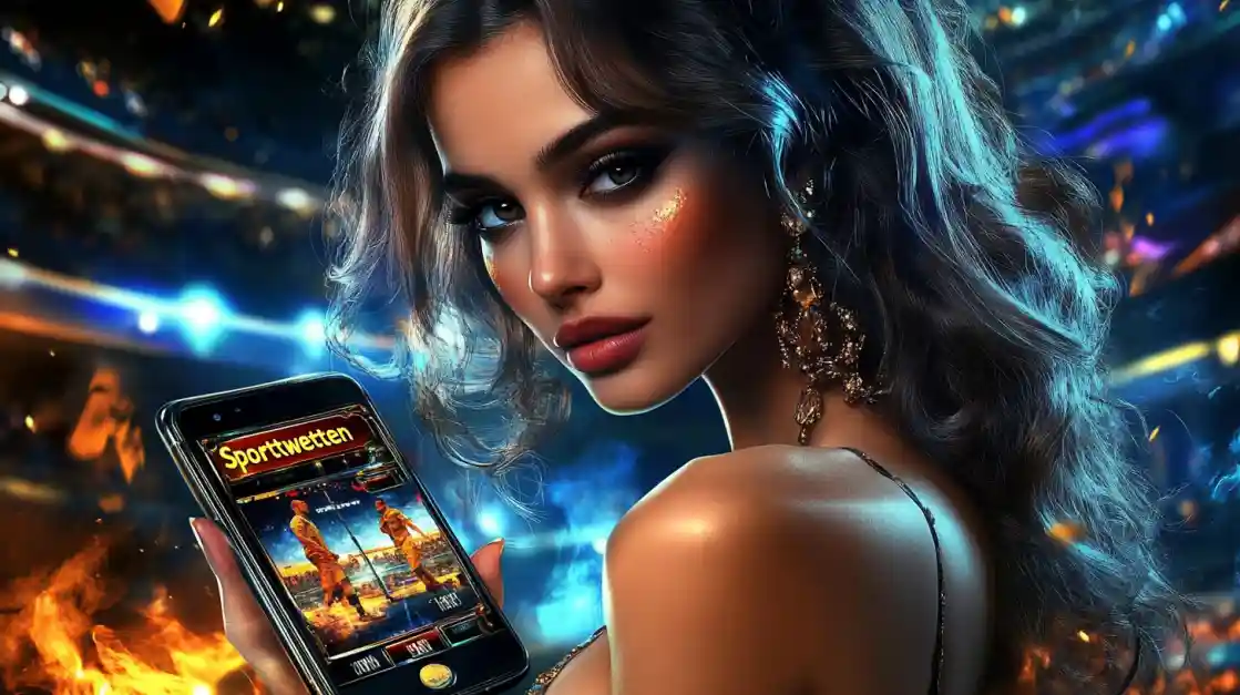 A glamorous woman with elegant makeup looks over her shoulder, holding a smartphone displaying the 1777bd sports betting app against a vibrant stadium backdrop with fire effects.